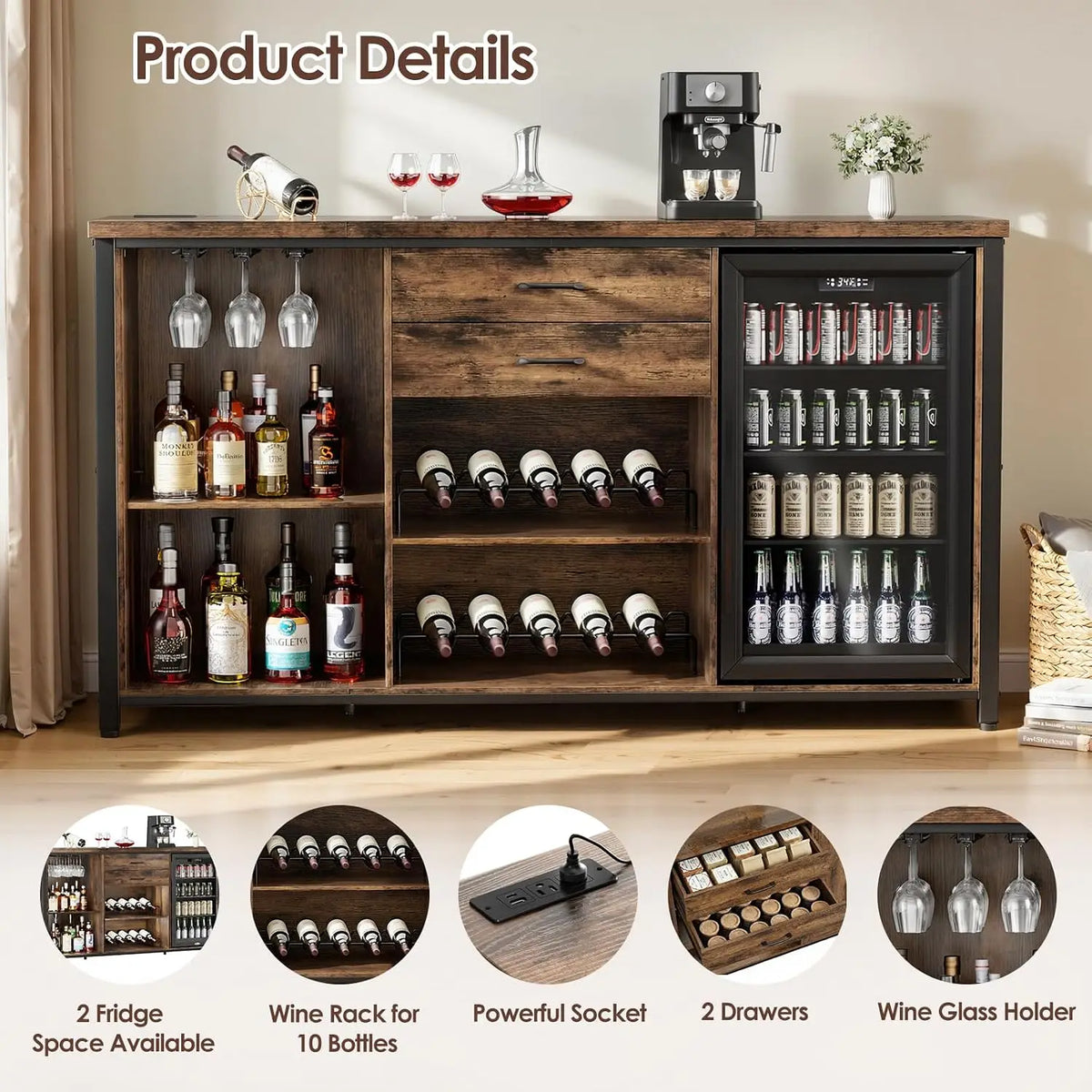 Large Coffee Bar Cabinet with 2 Fridge Space, 70.8" L Farmhouse Wine Cabinet, Wood Buffet Sideboard Table Station,, Customized