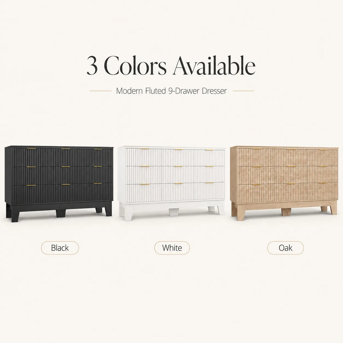 59 Inch Wide Fluted 9 Drawer Dresser Modern Wood Chest of Drawers with Metal Handles TV Stand Storage Cabinet Organizer for Bedroom Living Room Hallway Entryway