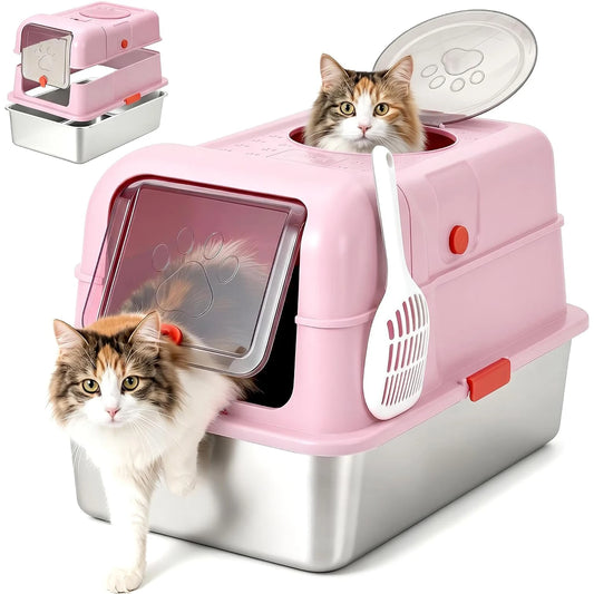 HiMISS Stainless Steel Cat Litter Box With Enclosed Top Entry