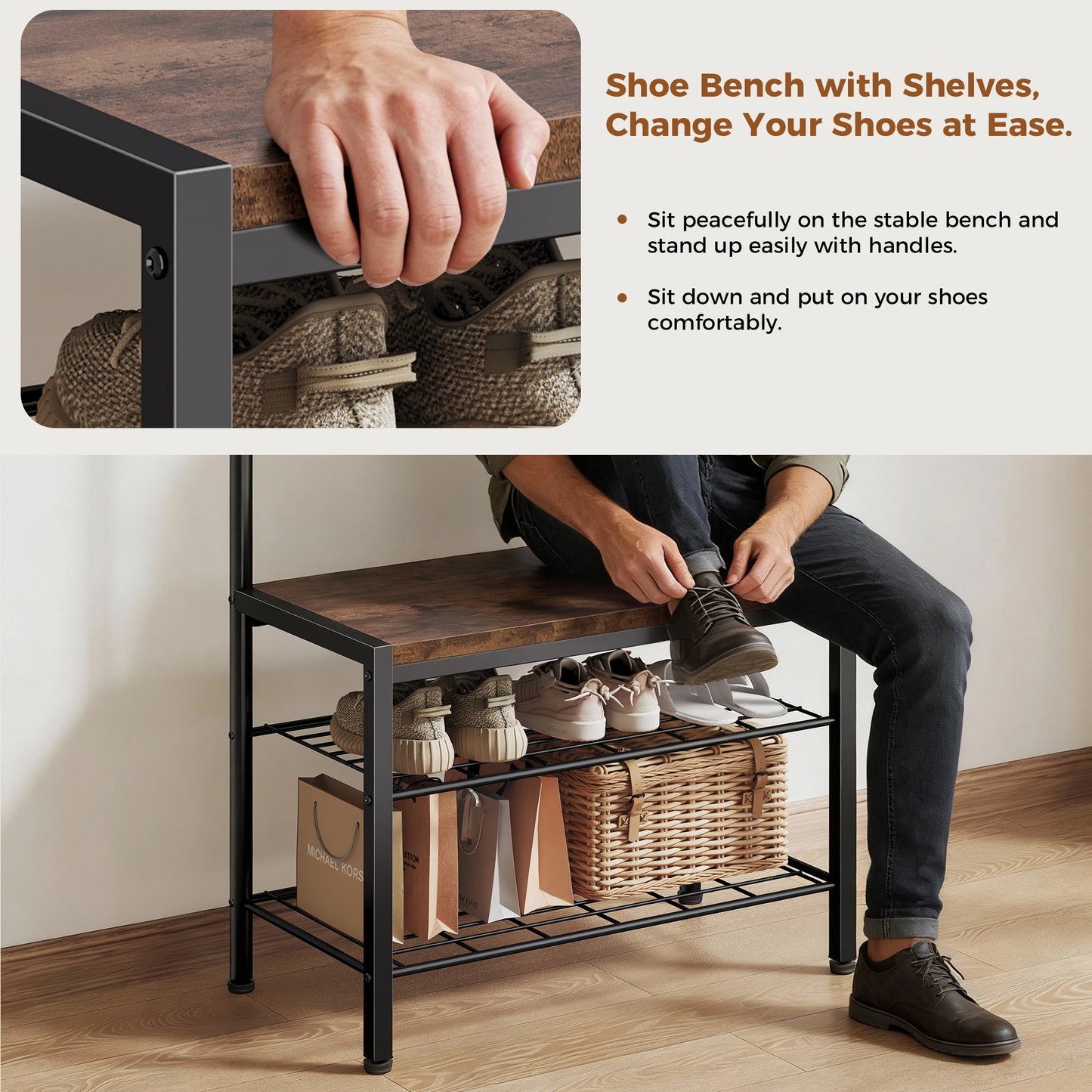 JHK 4in1 Coat Rack With Shoe Bench And Storage Organizer