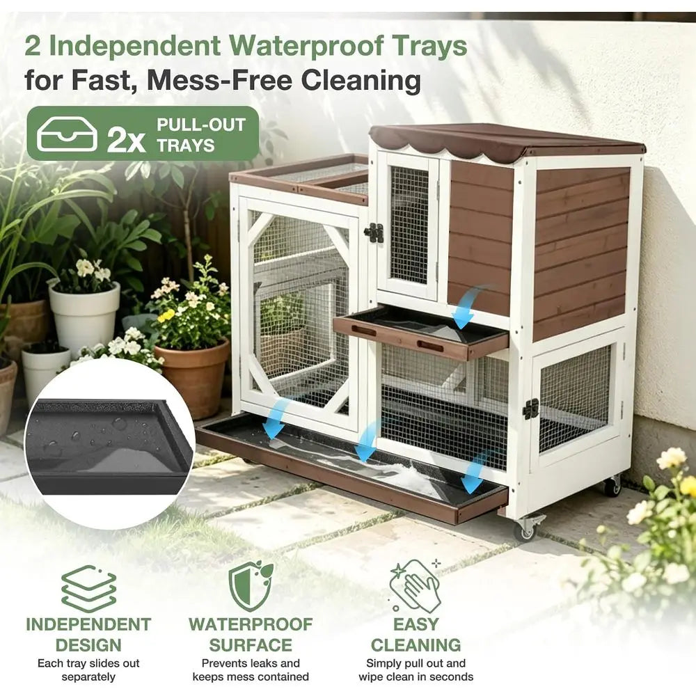 Large Rabbit Hutch Indoor Outdoor, 2-Tier Bunny Hutch with Wheels and Waterproo Roo, Wooden Guinea Pig Cage with Leak-Proo Pull-