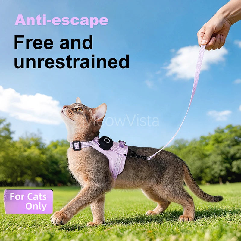 Escape-Proof Cat Harness with AirTag Holder Lightweight Reflective Adjustable Kitten Vest Harness for Outdoor Walking Active Cat