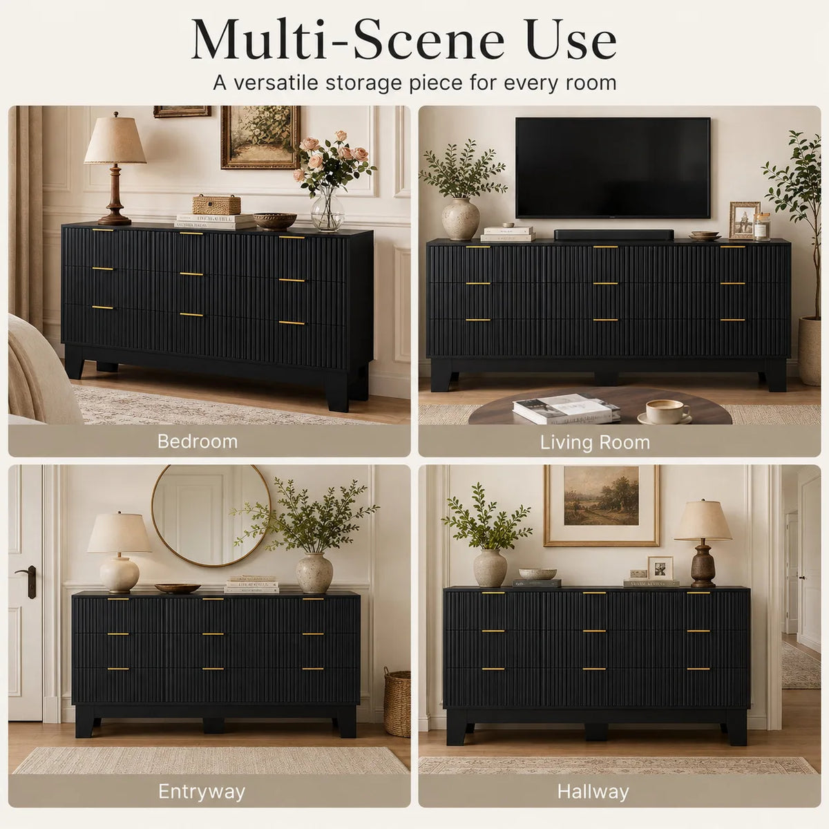 59 Inch Wide Fluted 9 Drawer Dresser Modern Wood Chest of Drawers with Metal Handles TV Stand Storage Cabinet Organizer for Bedroom Living Room Hallway Entryway