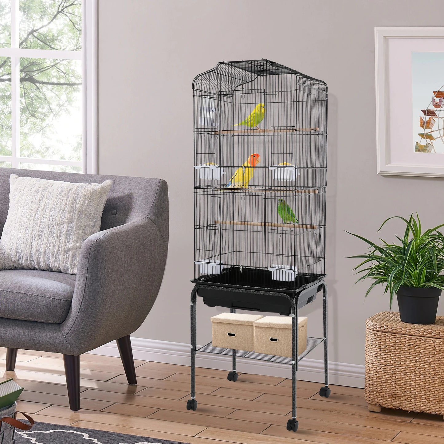 Large Bird Cage with Stand & Wheels, 47x37x137cm Flight Cage for Cockatiels Parrots Finches with Lockable Door (White/Black))