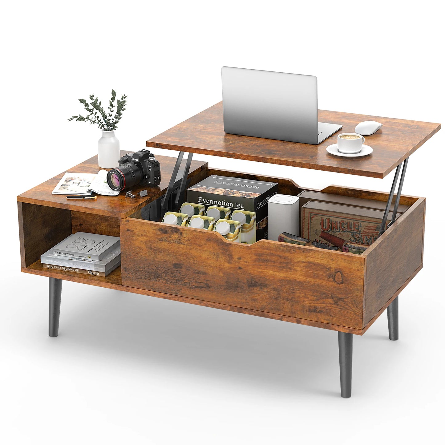JHK Lift Top Coffee Table Wood Storage Shelf Living Room