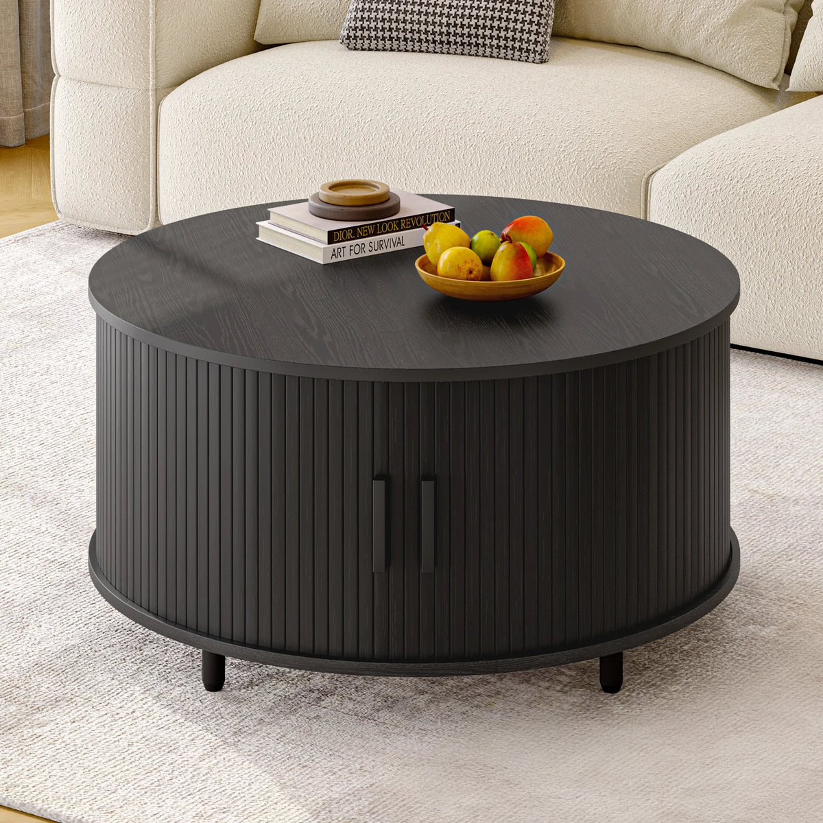 Modern Round Wood Coffee Table With Sliding Door Storage Cabinet