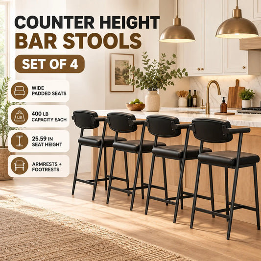 Set Of 4 Upholstered Bar Stools With Arms And Footrests