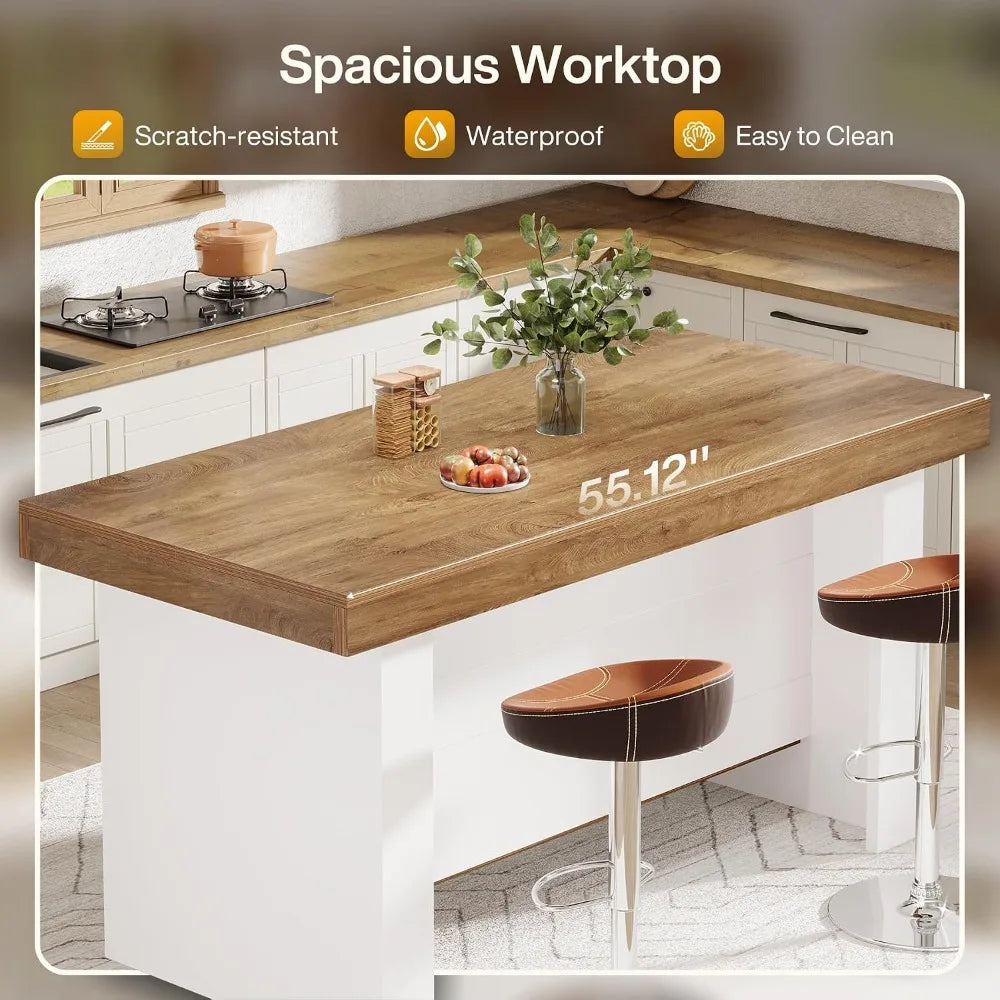 55-Inch Kitchen Island with Storage, Farmhouse Center Island Table for Kitchen, Dining Room, Living Room, Brown, Customized