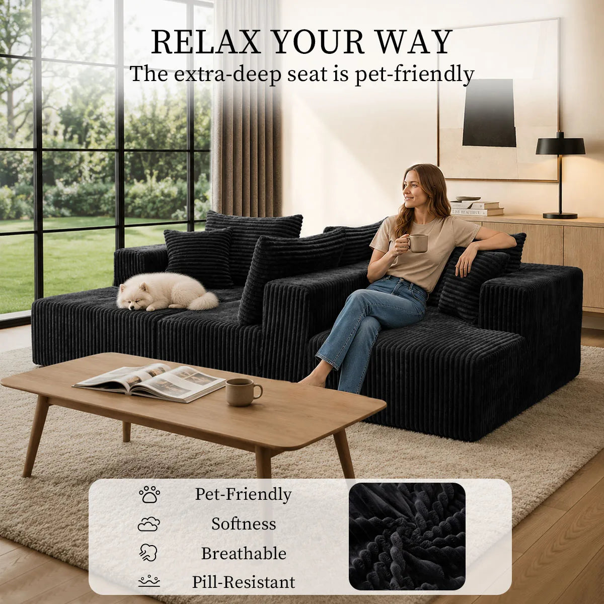 132in Modular U-Shaped Sectional Sofa with Double Chaise Lounges, 8-Piece Corduroy Oversized Pit Couch, Seats 6 People, Large U Style Floor Sofa for Living Room Family Gathering