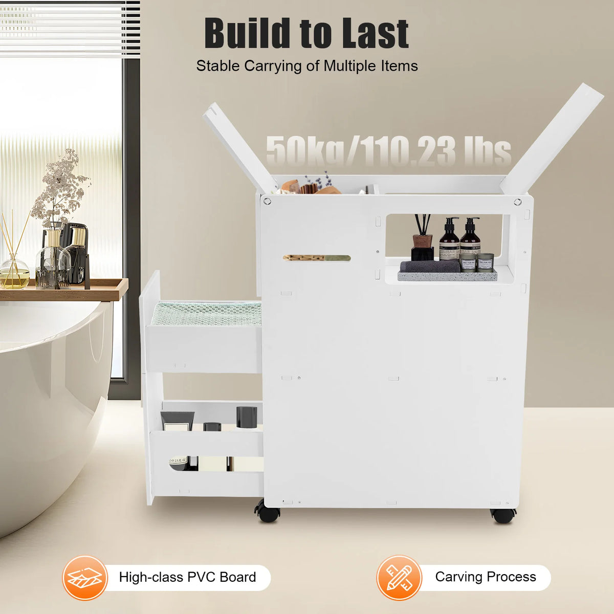 Modern Bathroom Storage Cabinet PVC Narrow Floor Storage Cabinet Floor Standing Storage Cabinet with Drawers Capacity 50kg White