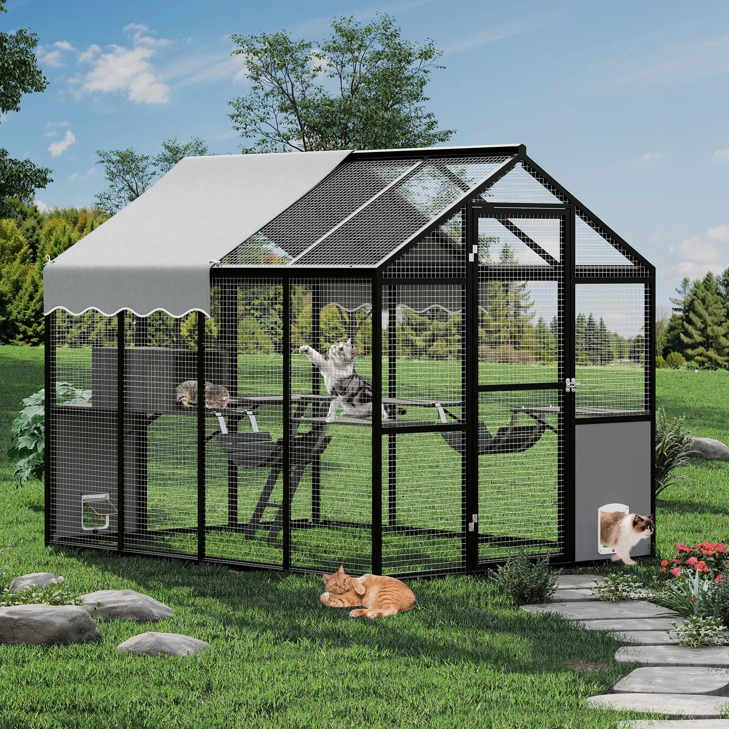 Extra Large Aluminum Outdoor Catio Enclosure For Multiple Cats Walk-in Cat Run With UV-Proof Cover Platforms & Adjustable Doors