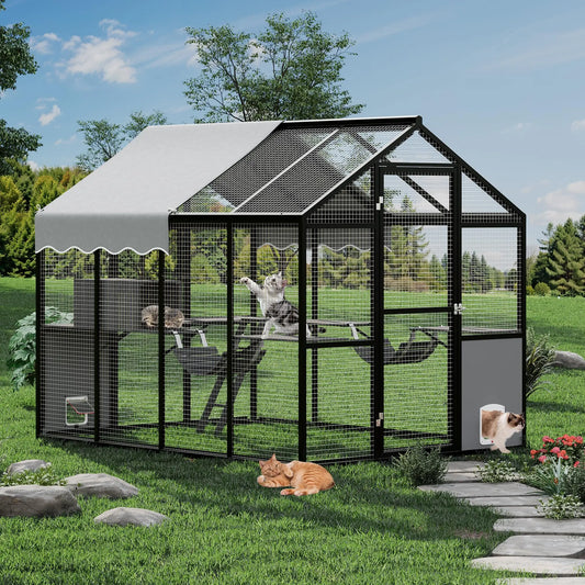 Extra Large Aluminum Outdoor Catio Enclosure For Multiple Cats Walk-in Cat Run With UV-Proof Cover Platforms & Adjustable Doors