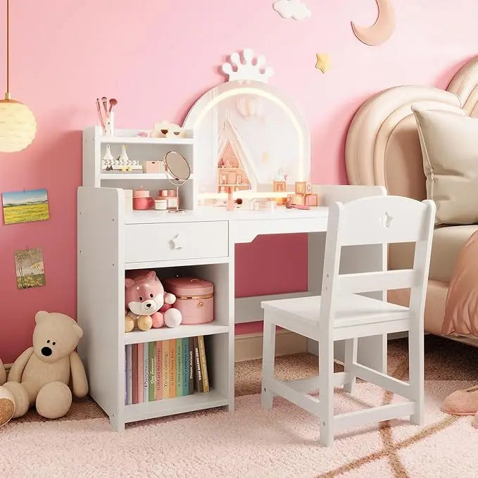Kids Vanity with Lights, 2 in 1 Princess Makeup Vanity Desk & Chair Set, Toddler Vanity Table with Open Bookshelf for Girls