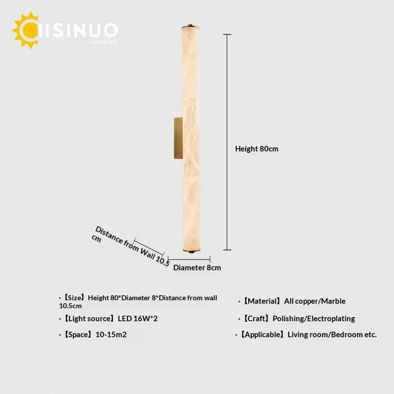 Spanish Natural Marble Wall Light for Bathroom Cylindrical Wall Lamp Stone Up and Down Sconce Indoor Parlor Bedroom Stairs Decor