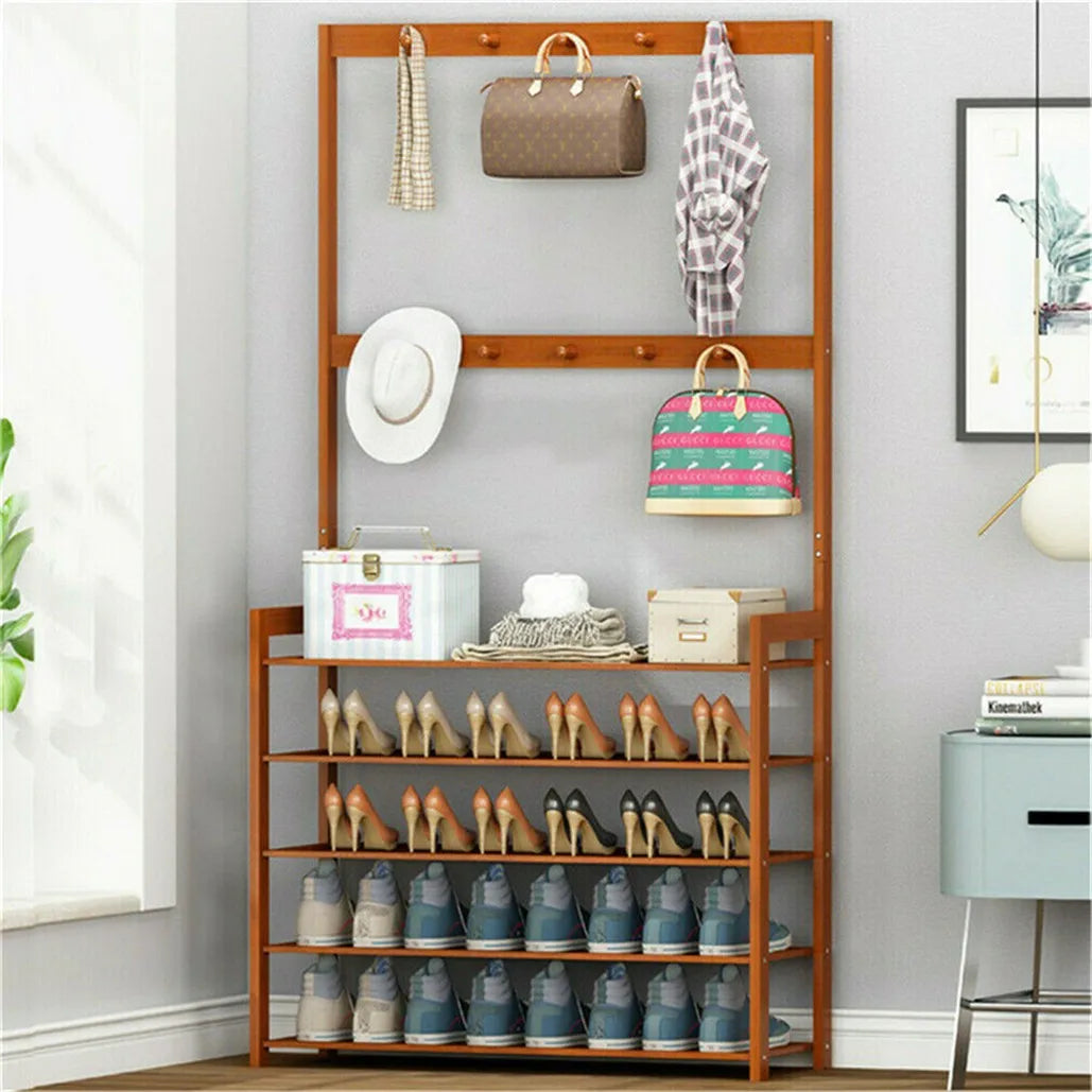 185cm Large Wooden 5 Tiers Hall Tree Hat Coat Stand with 8 Hooks Clothes Shoe Rack Hanger Hooks Shelf Storage  ﻿