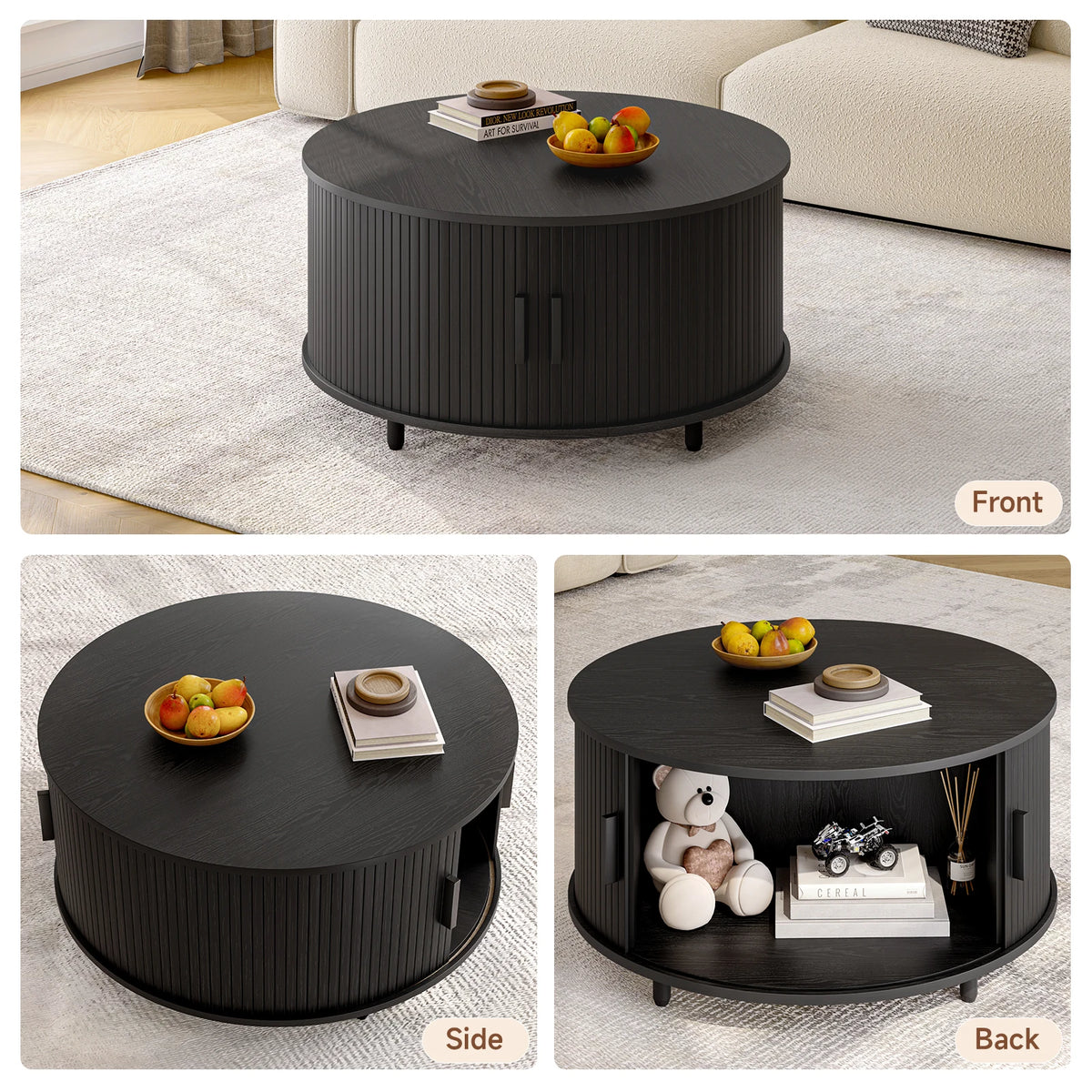 Modern Round Wood Coffee Table With Sliding Door Storage Cabinet