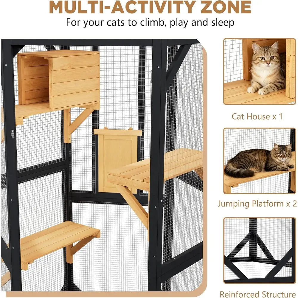 Large Outdoor Cat Catio, Tall Wooden Enclosure with Open-Top, Multi-Level Playpen, Perches & Private Condo, Multiple Access, Ind