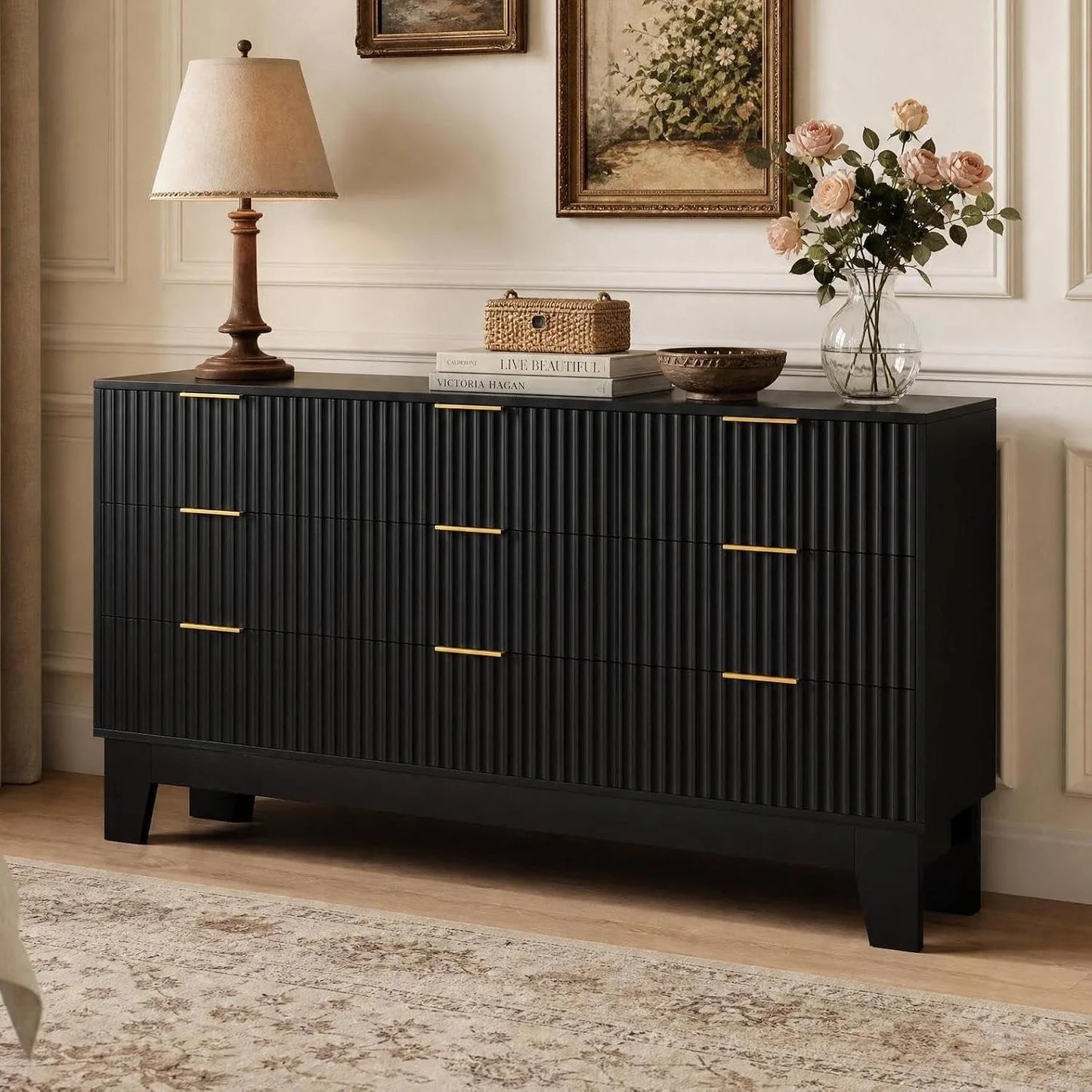 59 Inch Wide Fluted 9 Drawer Dresser Modern Wood Chest of Drawers with Metal Handles TV Stand Storage Cabinet Organizer for Bedroom Living Room Hallway Entryway