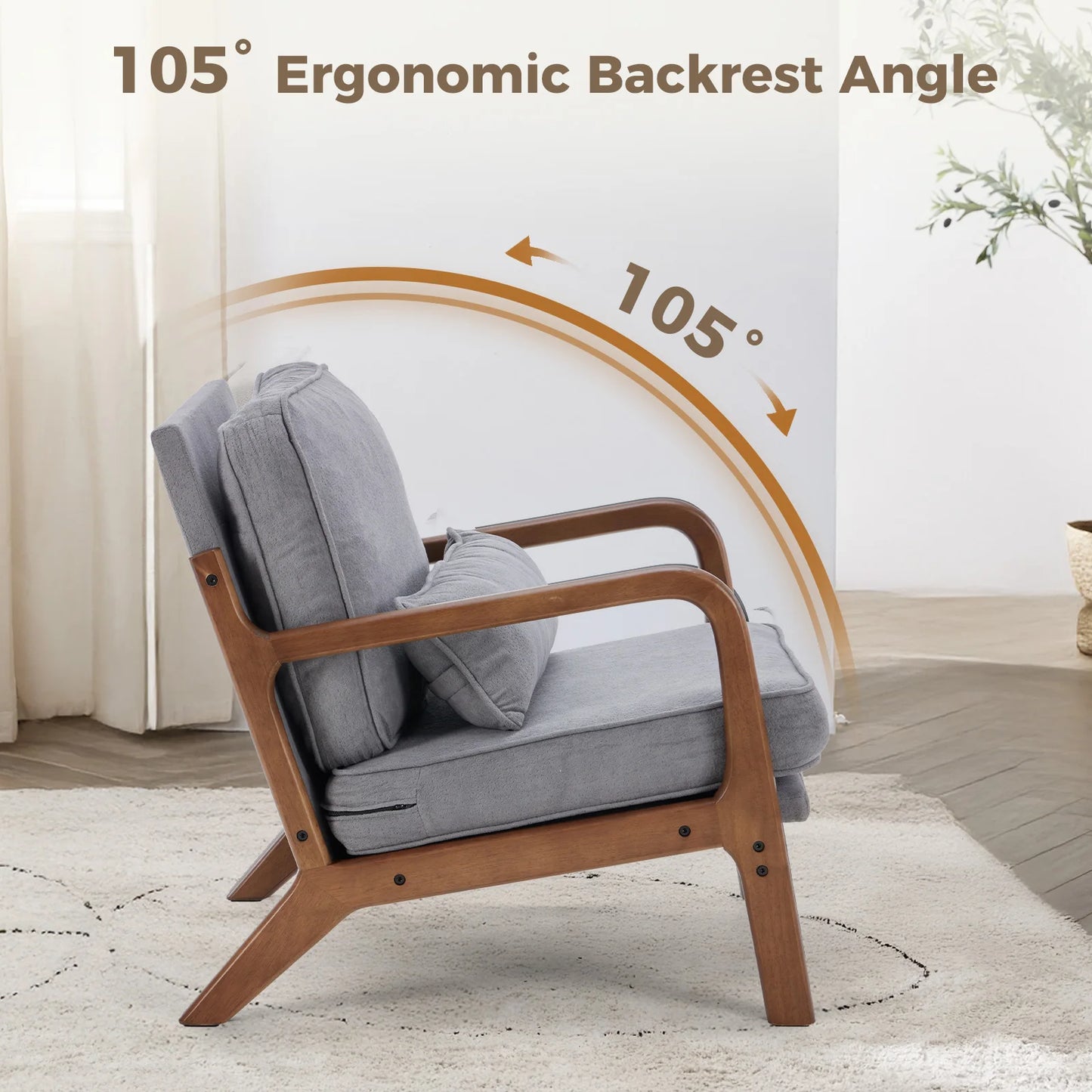 JHK Mid Century Modern Wooden Accent Armchair With Waist Cushion