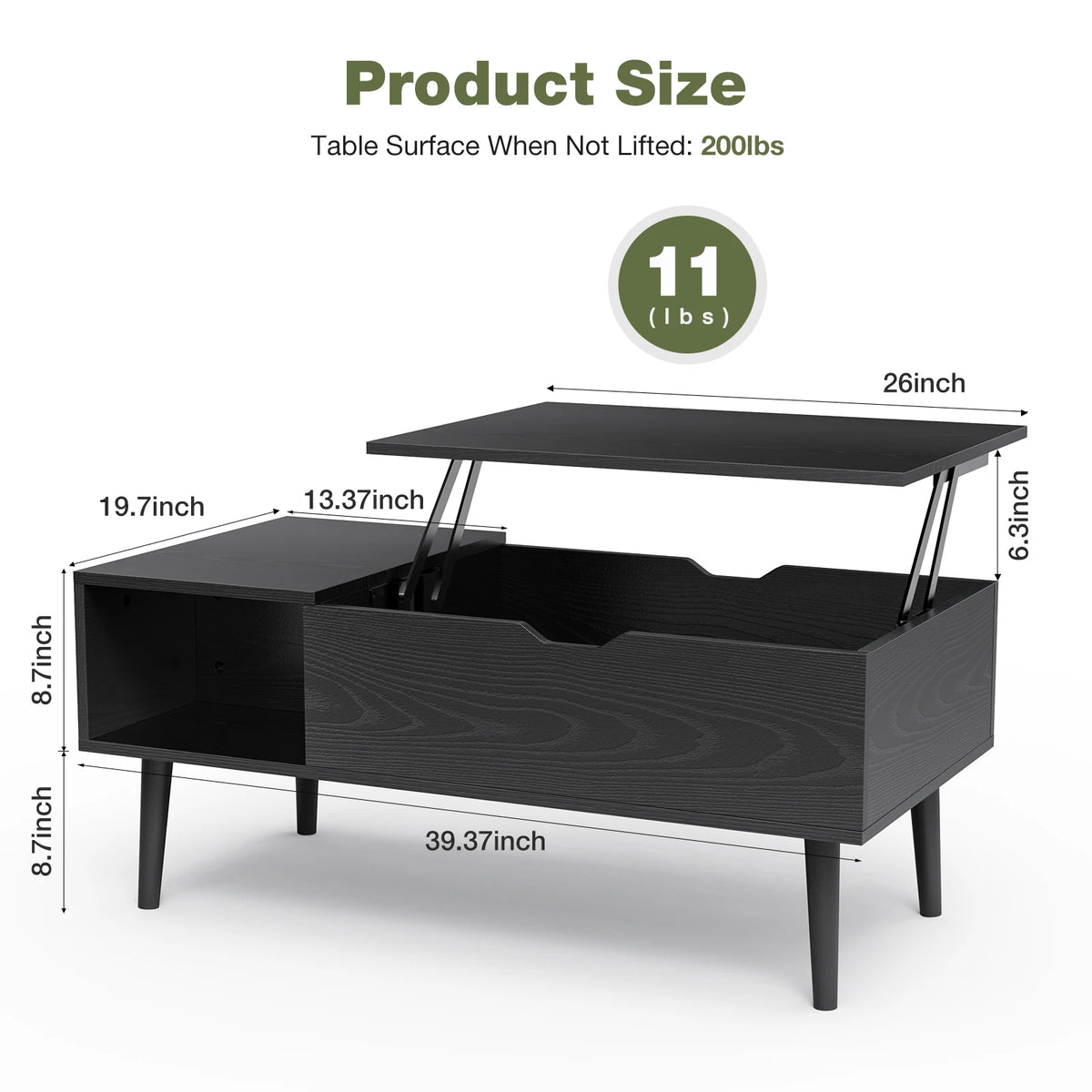 JHK Lift Top Coffee Table Wood Storage Shelf Living Room