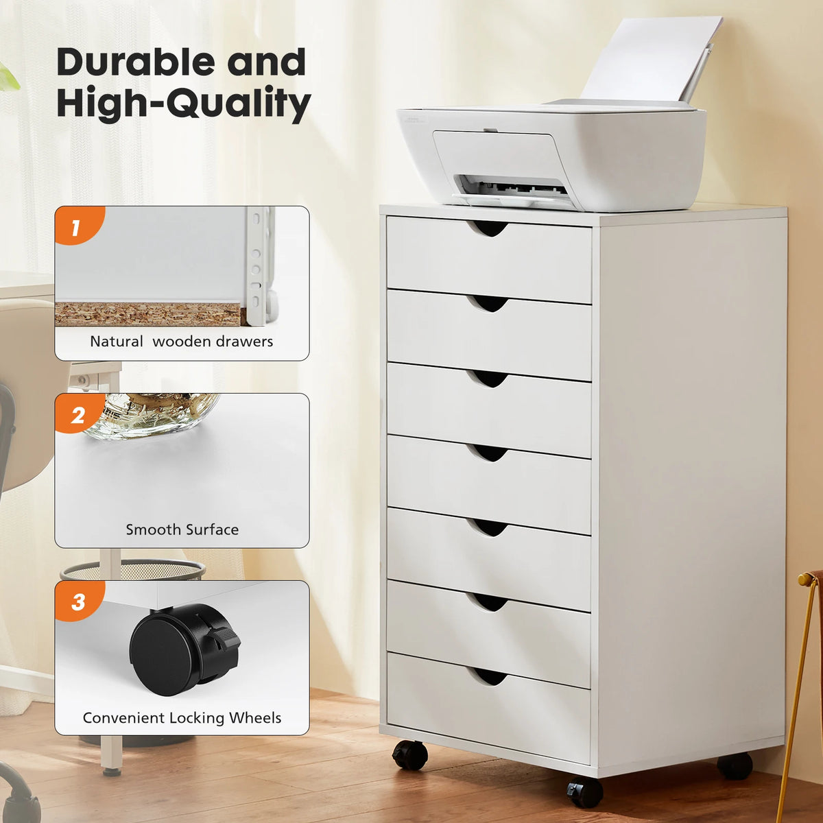 JHK Drawer Chest With Rollers Nightstand Storage Cabinet
