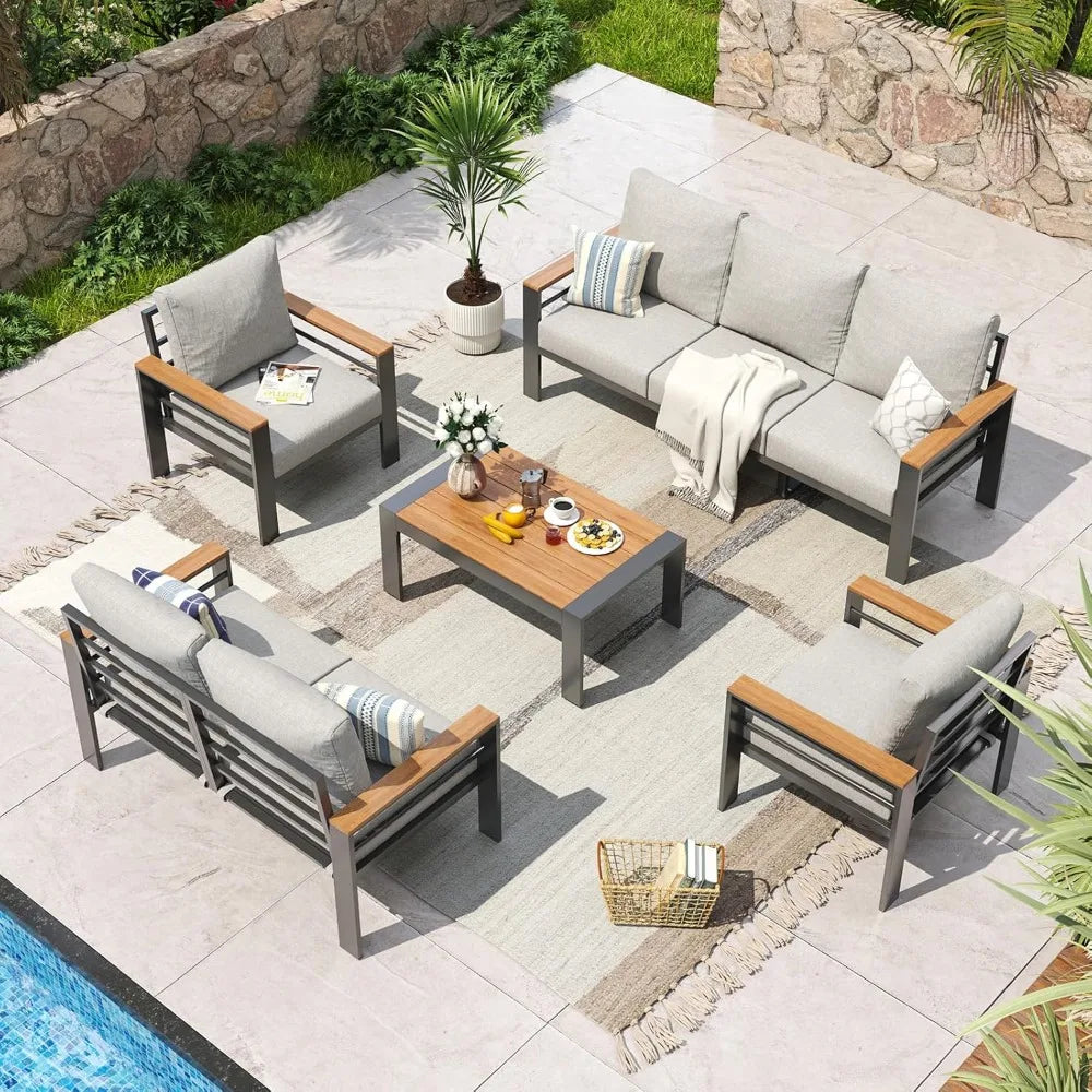 Aluminum Outdoor Patio Furniture Set 7 Seats Sectional with Washable Cushions Coffee Table Waterproof Cover