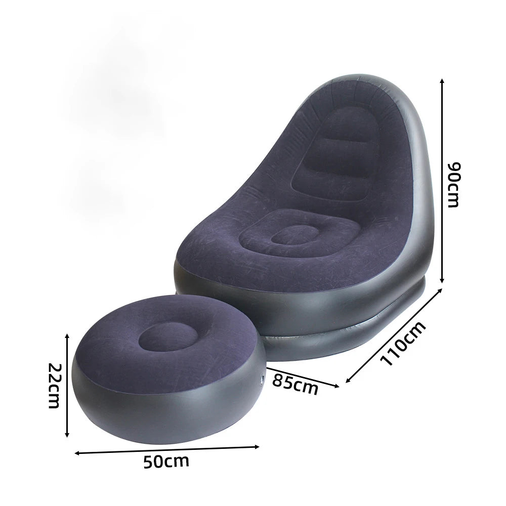 Inflatable Flocking Lazy Sofa Set with Foot Stool Portable Foldable Air Sofa Chair for Indoor Bedroom Outdoor Camping Leisure Furniture