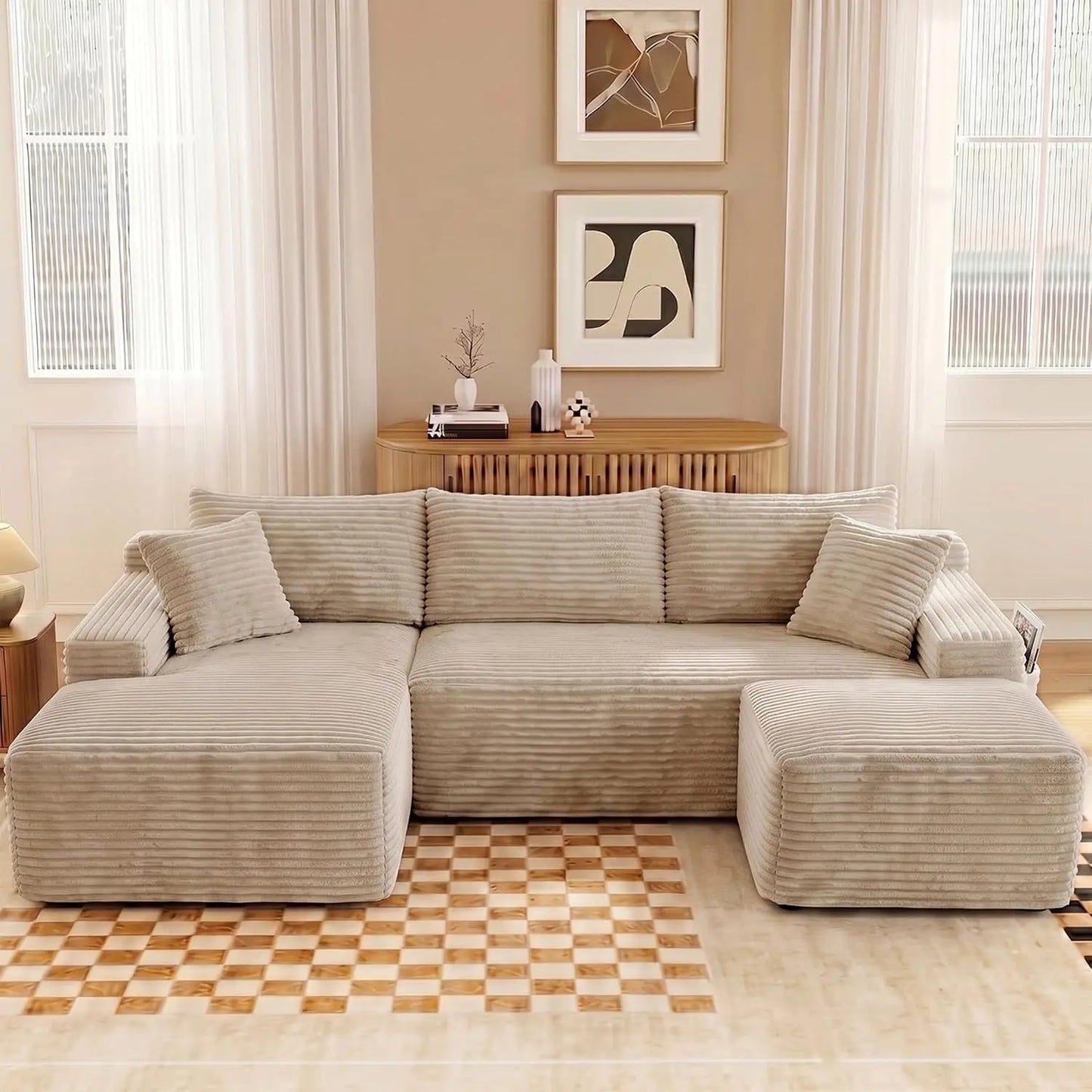 94.5" U-Shaped Sectional Sofa with Deep Seat, No Assembly Modular Cloud Couch in Corduroy Fabric with Ottoman, Space-Saving Sleeper for Living Room Bedroom Apartment, Black