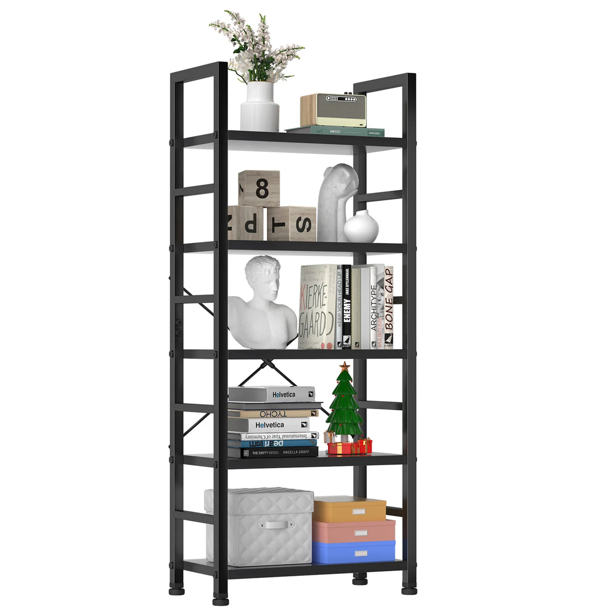 MCQ Wooden Storage Standing 5 Tiers Display Bookshelf Sturdy Structure Graduated Shelves Adjustable Feet for Living Room