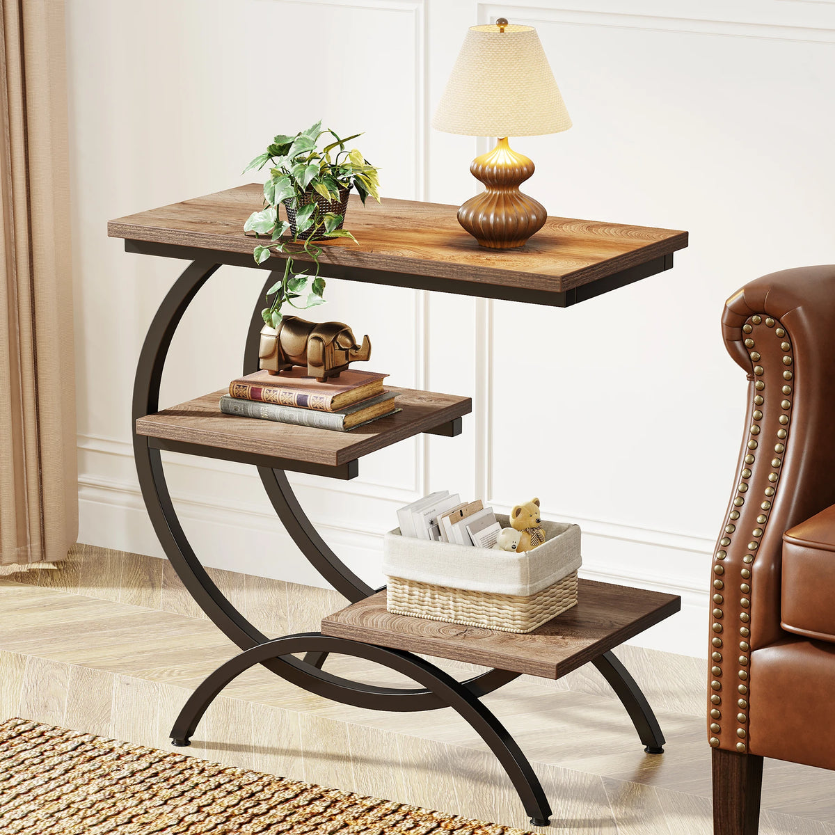 Tribesigns C Shaped End Table 3 Tier Industrial Bedside Storage