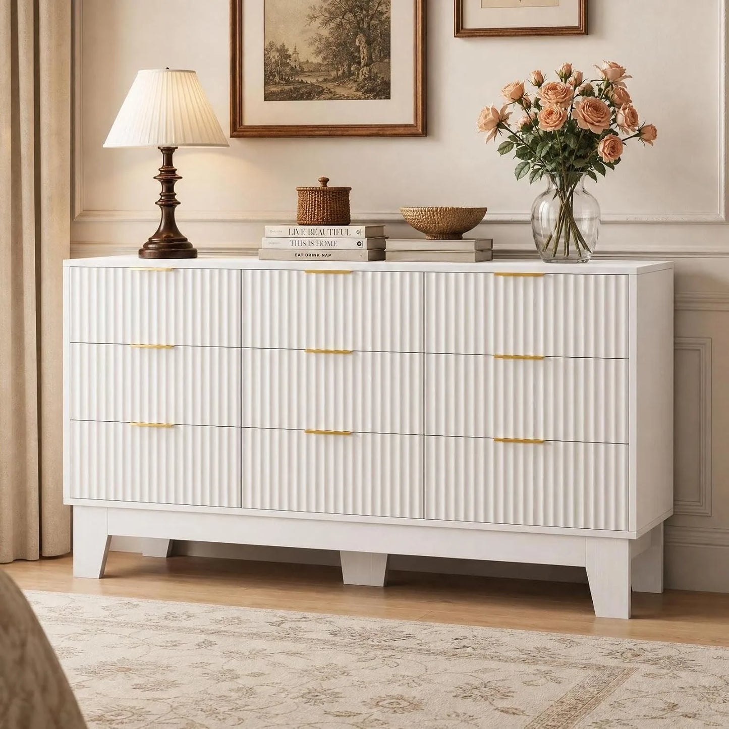 59 Inch Wide Fluted 9 Drawer Dresser Modern Wood Chest of Drawers with Metal Handles TV Stand Storage Cabinet Organizer for Bedroom Living Room Hallway Entryway