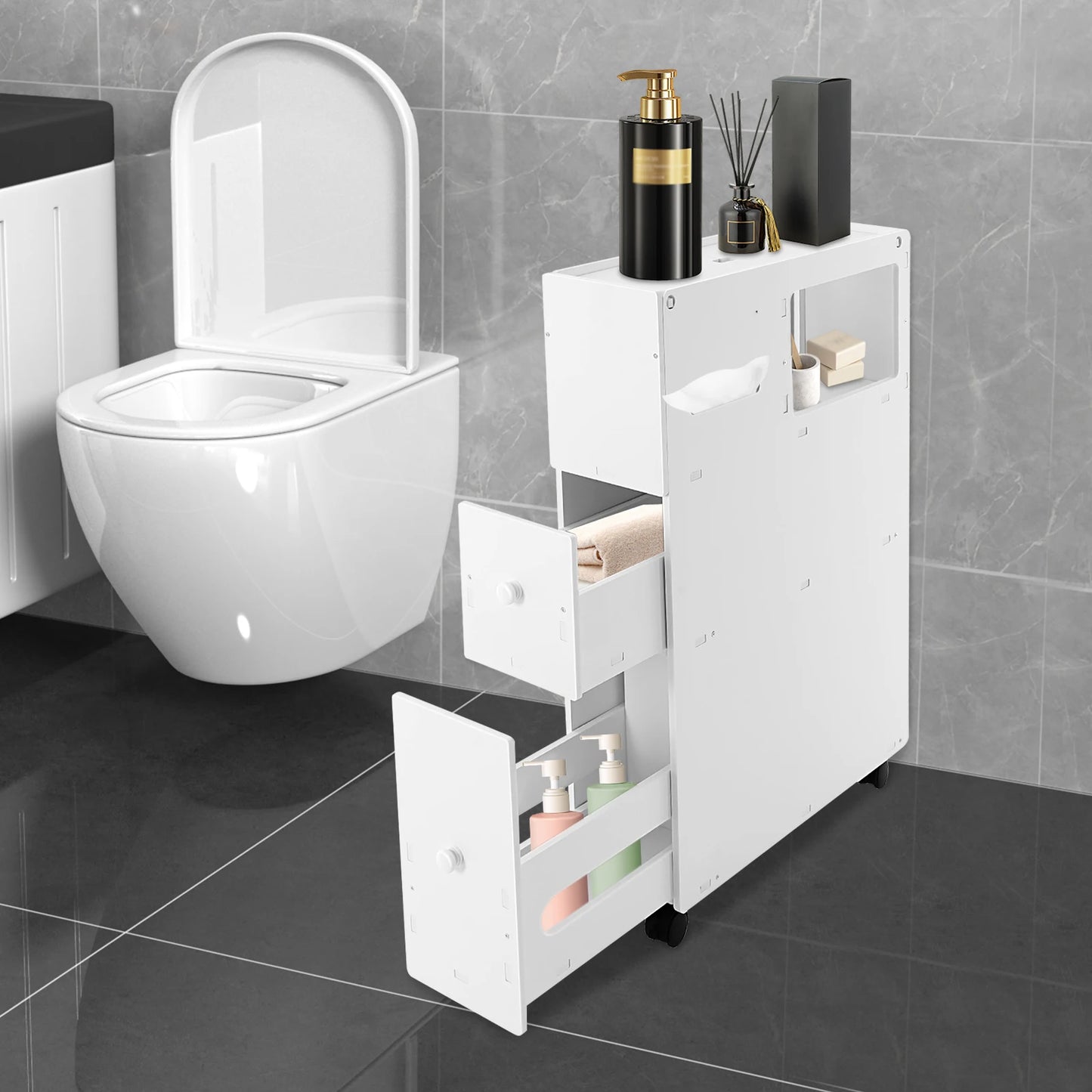 Modern Bathroom Storage Cabinet PVC Narrow Floor Storage Cabinet Floor Standing Storage Cabinet with Drawers Capacity 50kg White