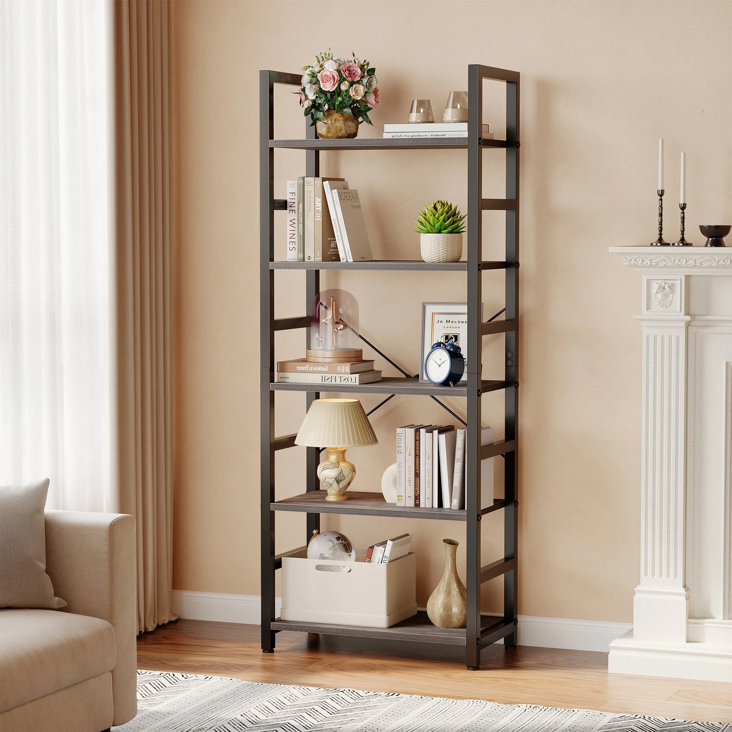 MCQ Wooden Storage Standing 5 Tiers Display Bookshelf Sturdy Structure Graduated Shelves Adjustable Feet for Living Room