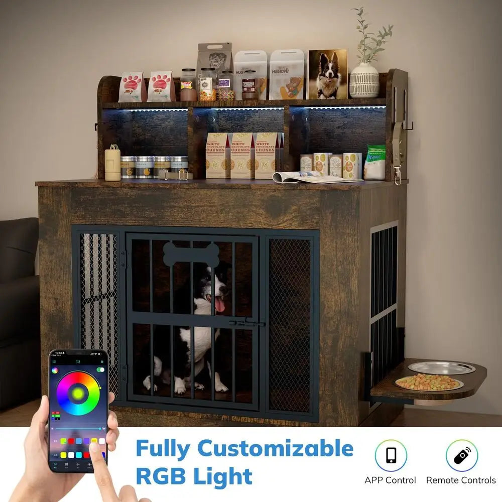 33" Dog Crate urniture with Storage Shel & 2 StainlSteel Bowls, Heavy Duty Indoor Dog Kennel or Medium/Small Dogs, Wooden Dog Ca