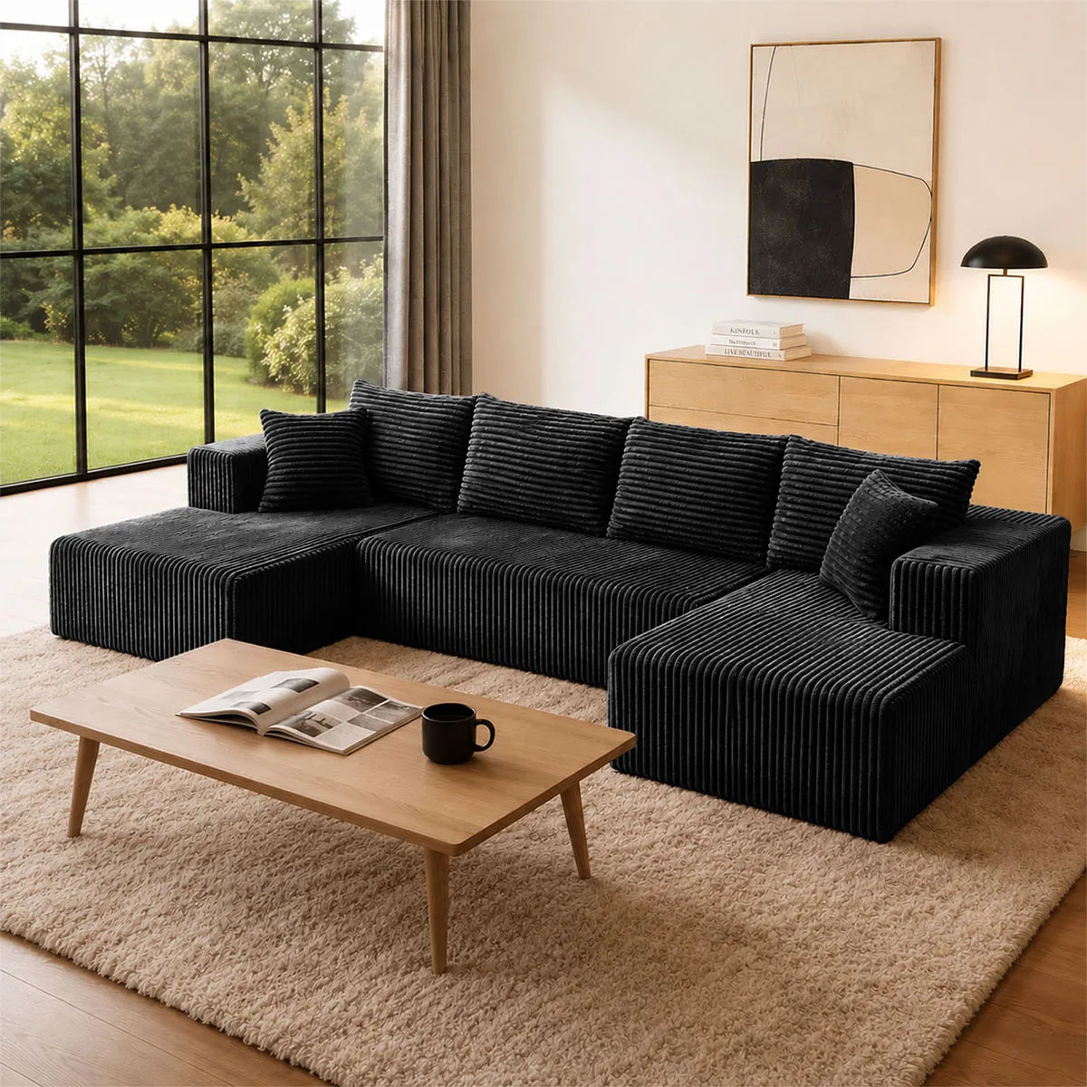132in Modular U-Shaped Sectional Sofa with Double Chaise Lounges, 8-Piece Corduroy Oversized Pit Couch, Seats 6 People, Large U Style Floor Sofa for Living Room Family Gathering