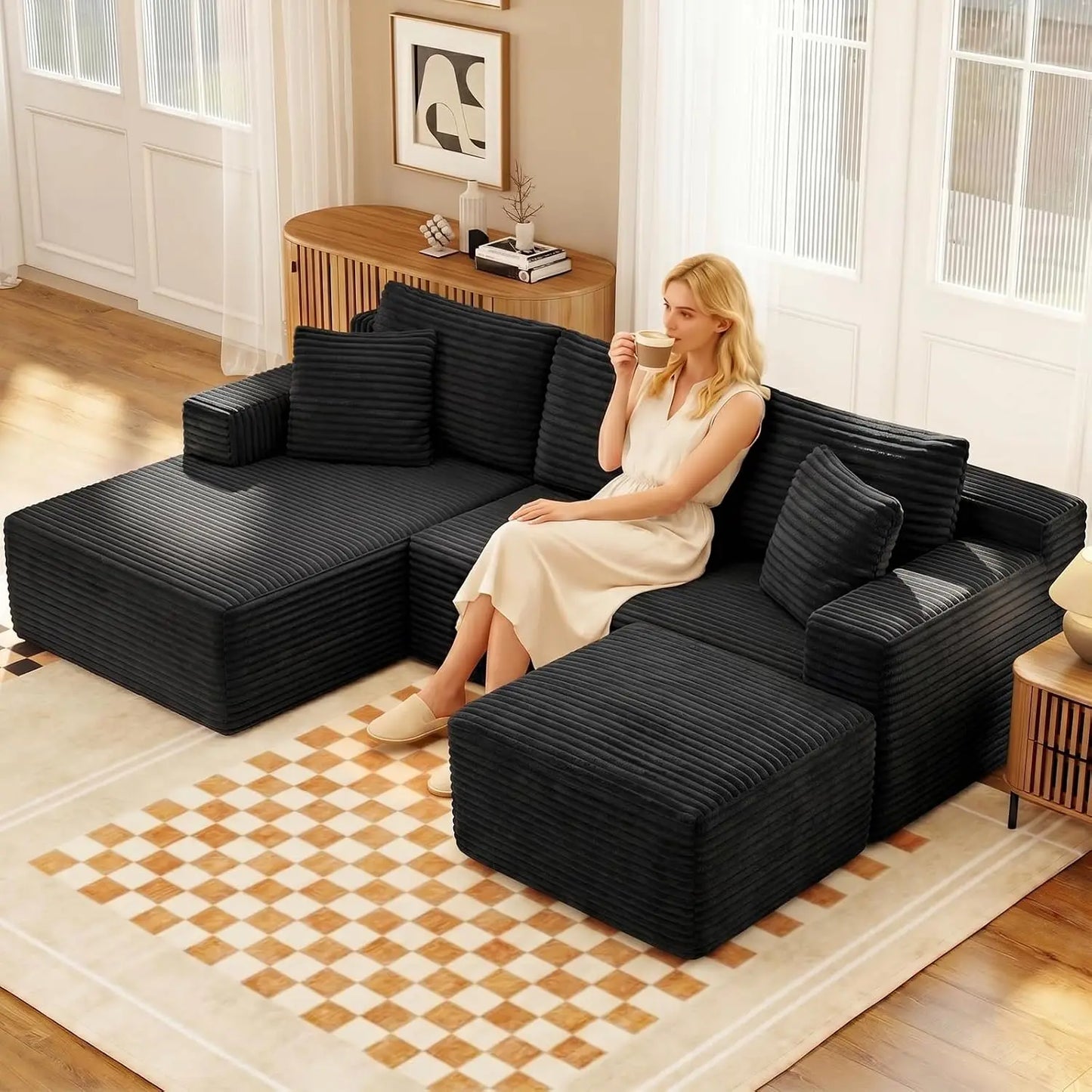 94.5" U-Shaped Sectional Sofa with Deep Seat, No Assembly Modular Cloud Couch in Corduroy Fabric with Ottoman, Space-Saving Sleeper for Living Room Bedroom Apartment, Black