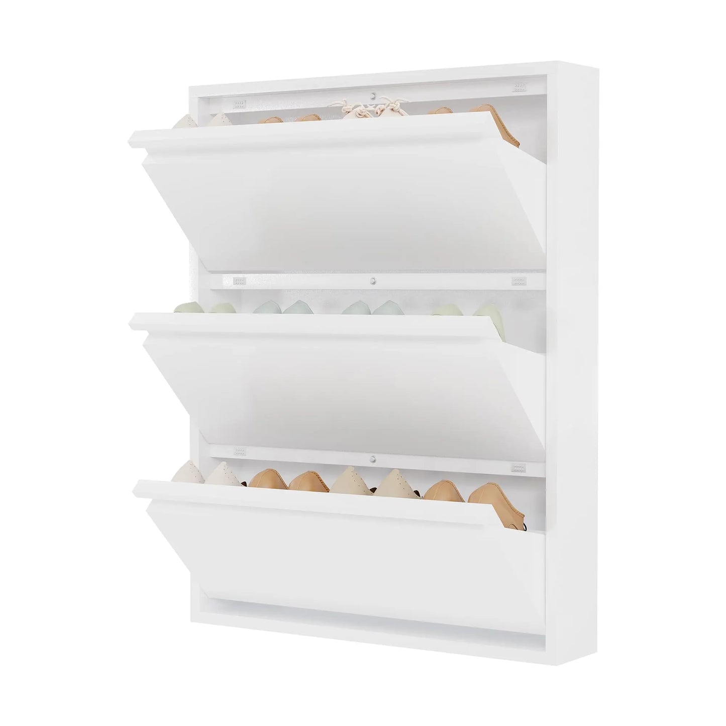 Slim Metal Shoe Cabinet, 3 Flip Drawers, Narrow Entryway Shoe Storage, Wall Mounted Or Freestanding, Anti-Tip, 31.5x6x40.7in