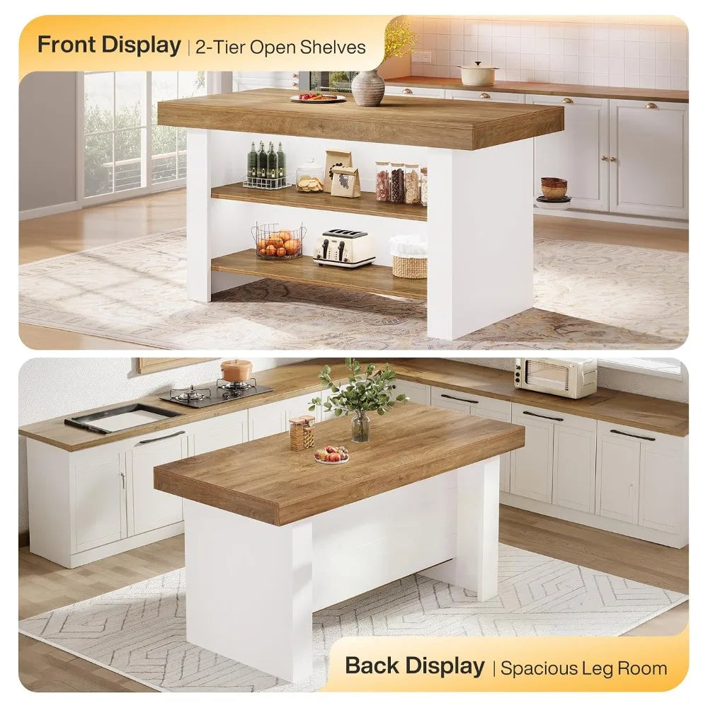 55-Inch Kitchen Island with Storage, Farmhouse Center Island Table for Kitchen, Dining Room, Living Room, Brown, Customized