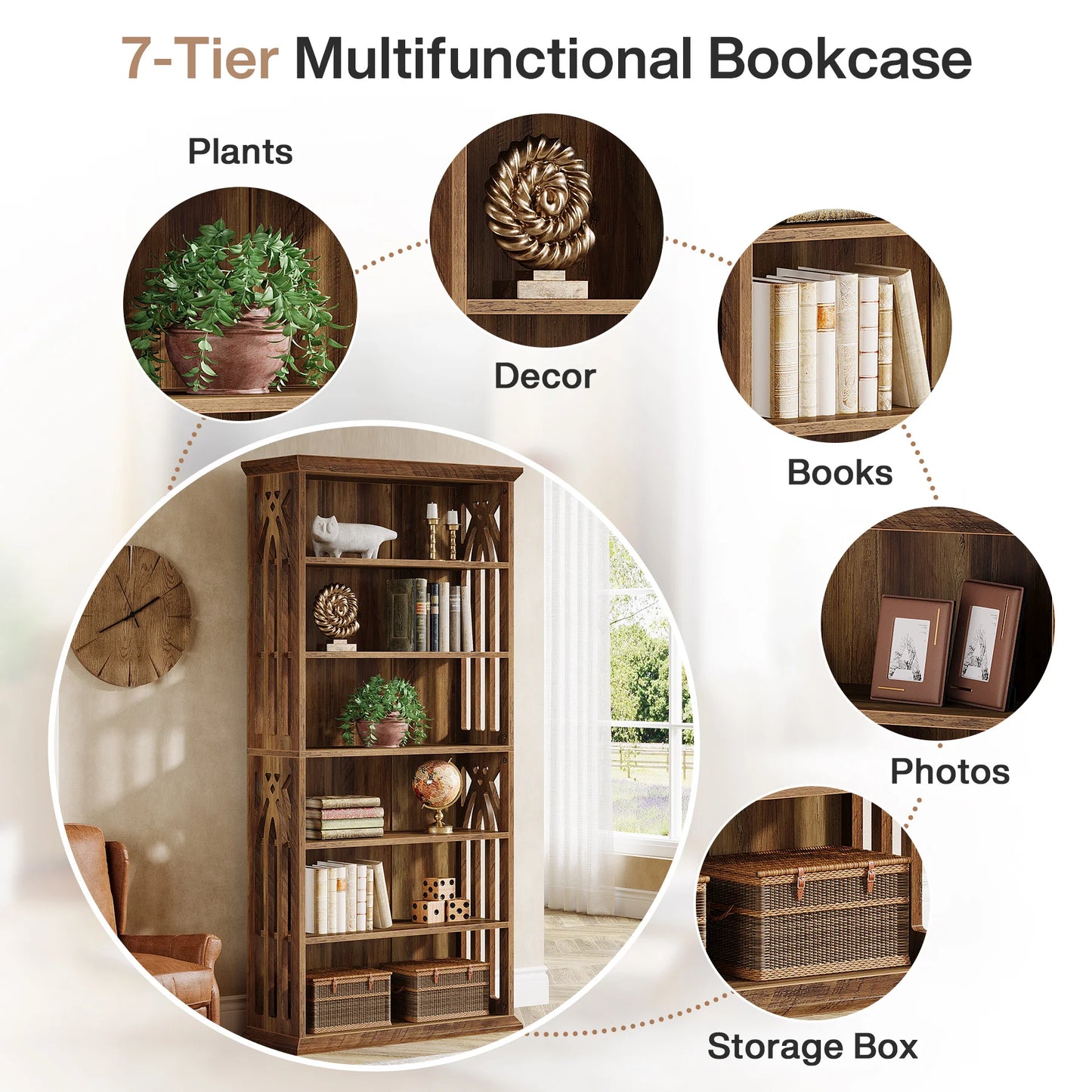 Tribesigns 6 Tier Tall Wood Bookshelf Freestanding Storage Display Shelf