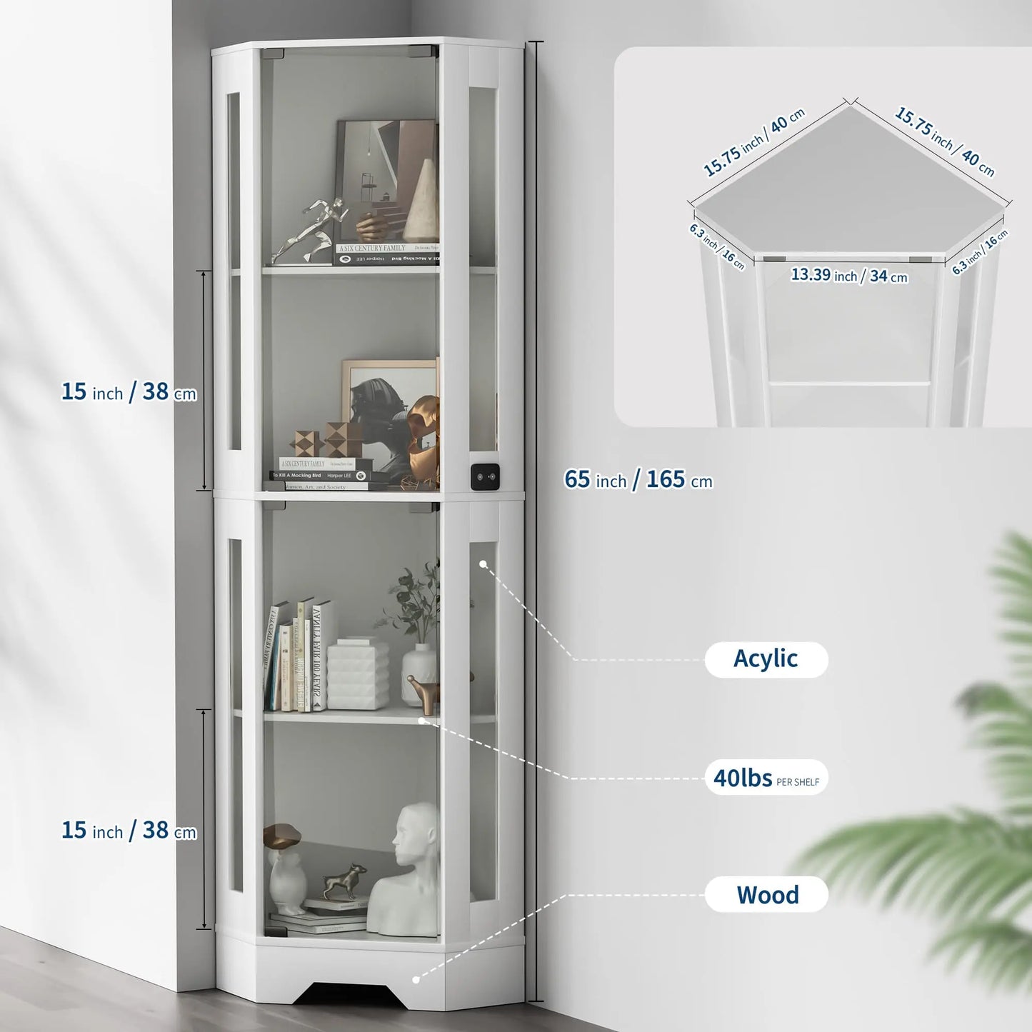 Modern Glass Display Cabinet for Dining Room, Corner Curio Showcase with 4 Tiers, Glass Doors, Lighted Shelves,Elegant Display for Collectibles, Figures, Toys, and Books