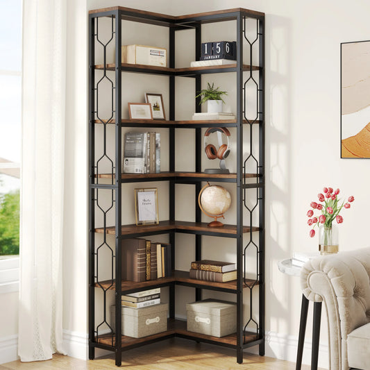 Tribesigns 7 Tier Industrial Style Corner Wood Metal Storage Shelf