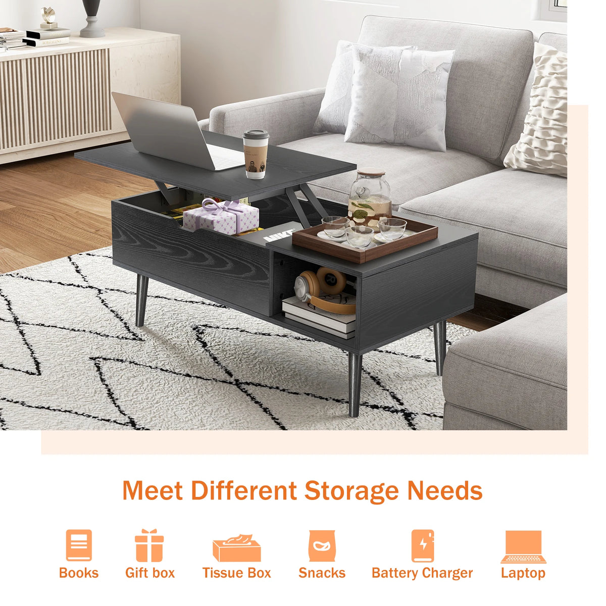 JHK Lift Top Coffee Table Wood Storage Shelf Living Room