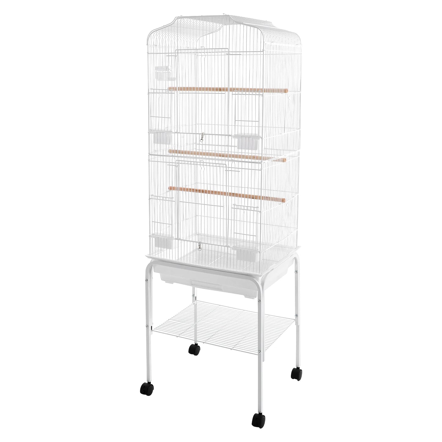 Large Bird Cage with Stand & Wheels, 47x37x137cm Flight Cage for Cockatiels Parrots Finches with Lockable Door (White/Black))