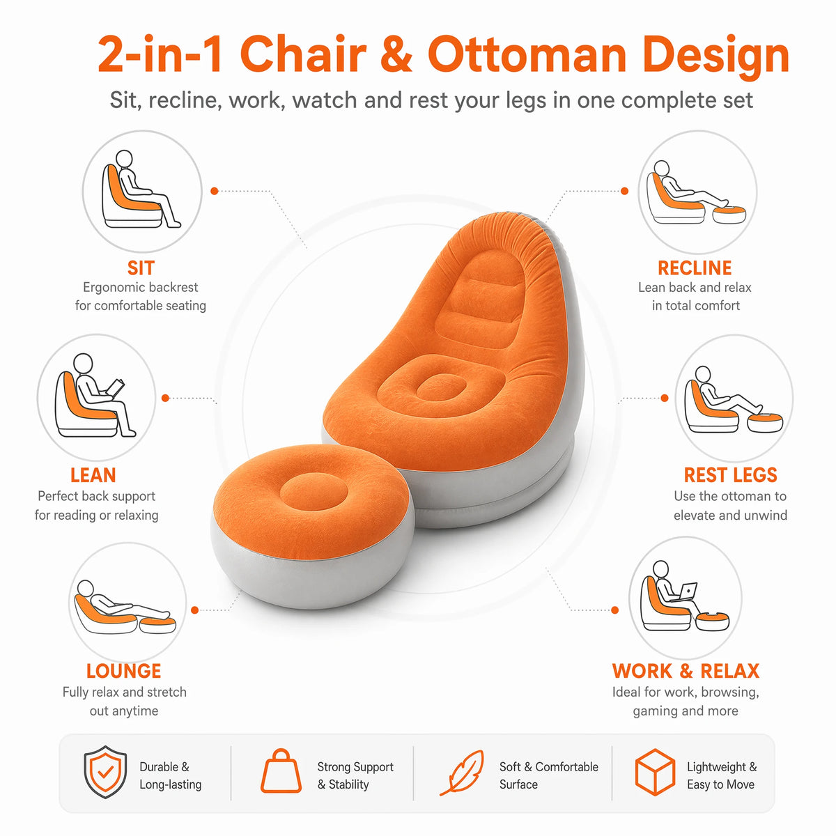 Inflatable Flocking Lazy Sofa Set with Foot Stool Portable Foldable Air Sofa Chair for Indoor Bedroom Outdoor Camping Leisure Furniture