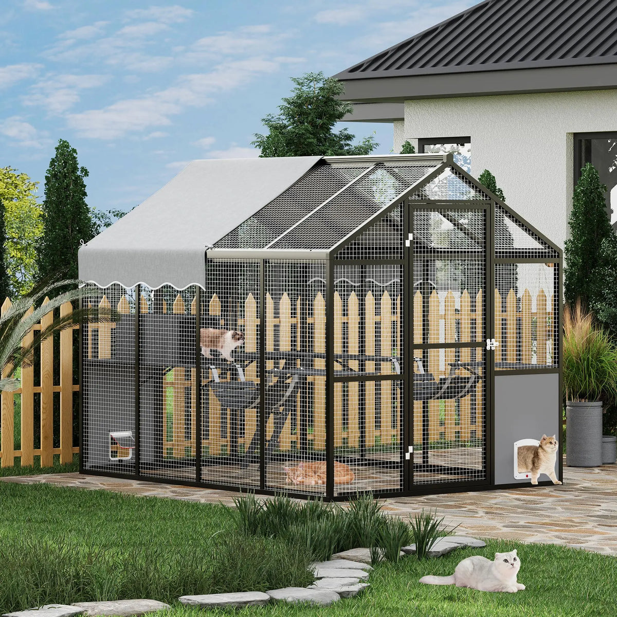 Extra Large Aluminum Outdoor Catio Enclosure For Multiple Cats Walk-in Cat Run With UV-Proof Cover Platforms & Adjustable Doors