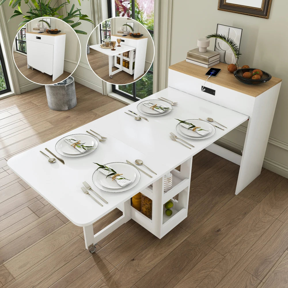 Orraves Extendable Dining Table With Power Socket And Storage Cabinet