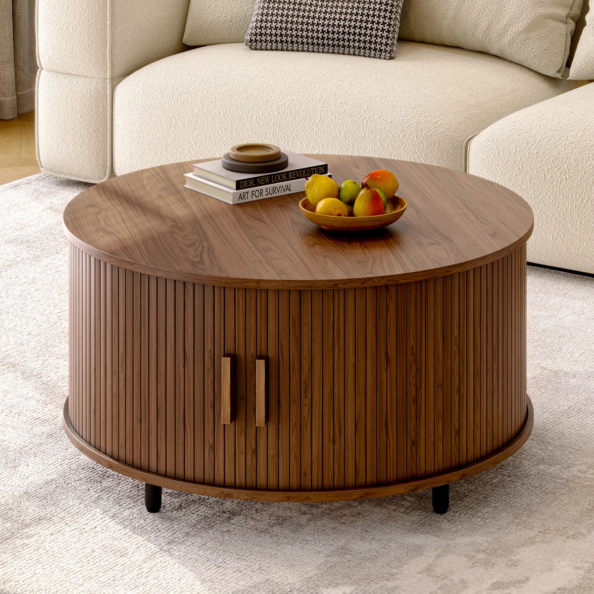 Modern Round Wood Coffee Table With Sliding Door Storage Cabinet