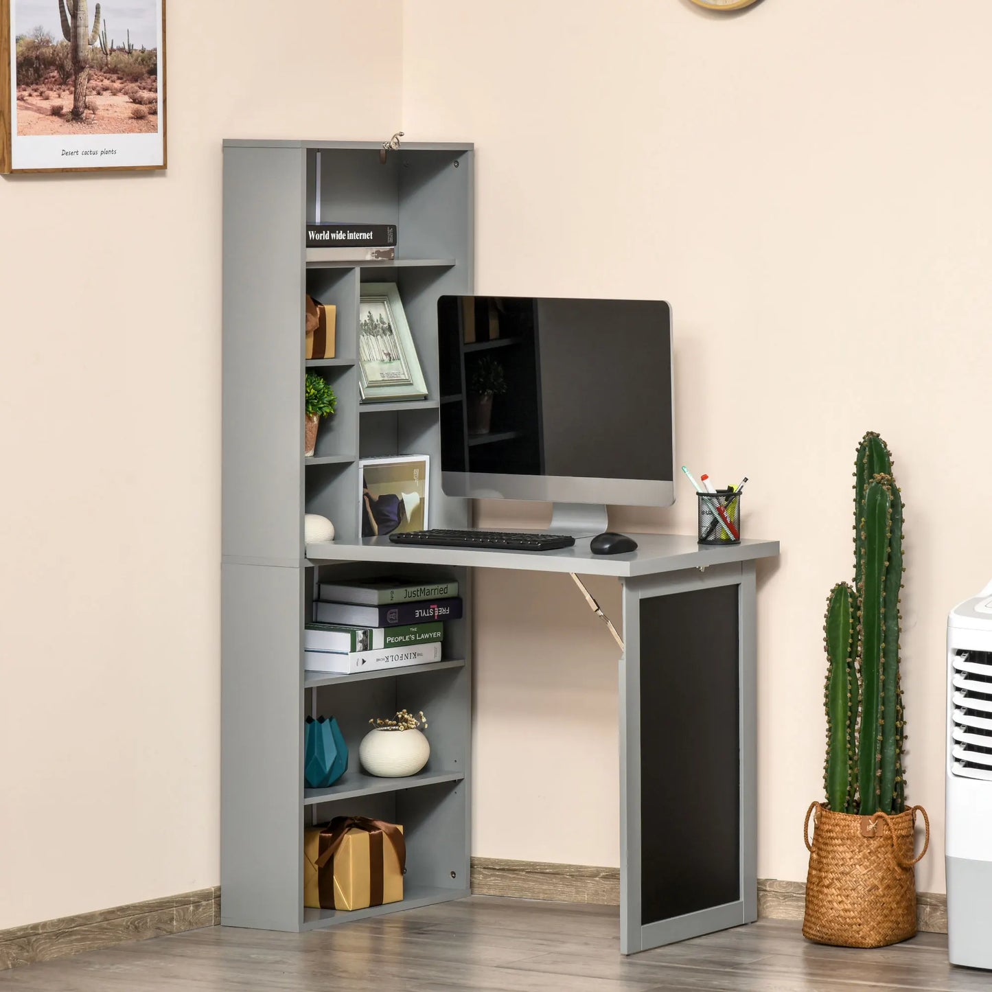 Homcom Fold-Out Convertible Office Desk, Wall Mount Computer Desk with Blackboard and Side Shelf, Charcoal Gray