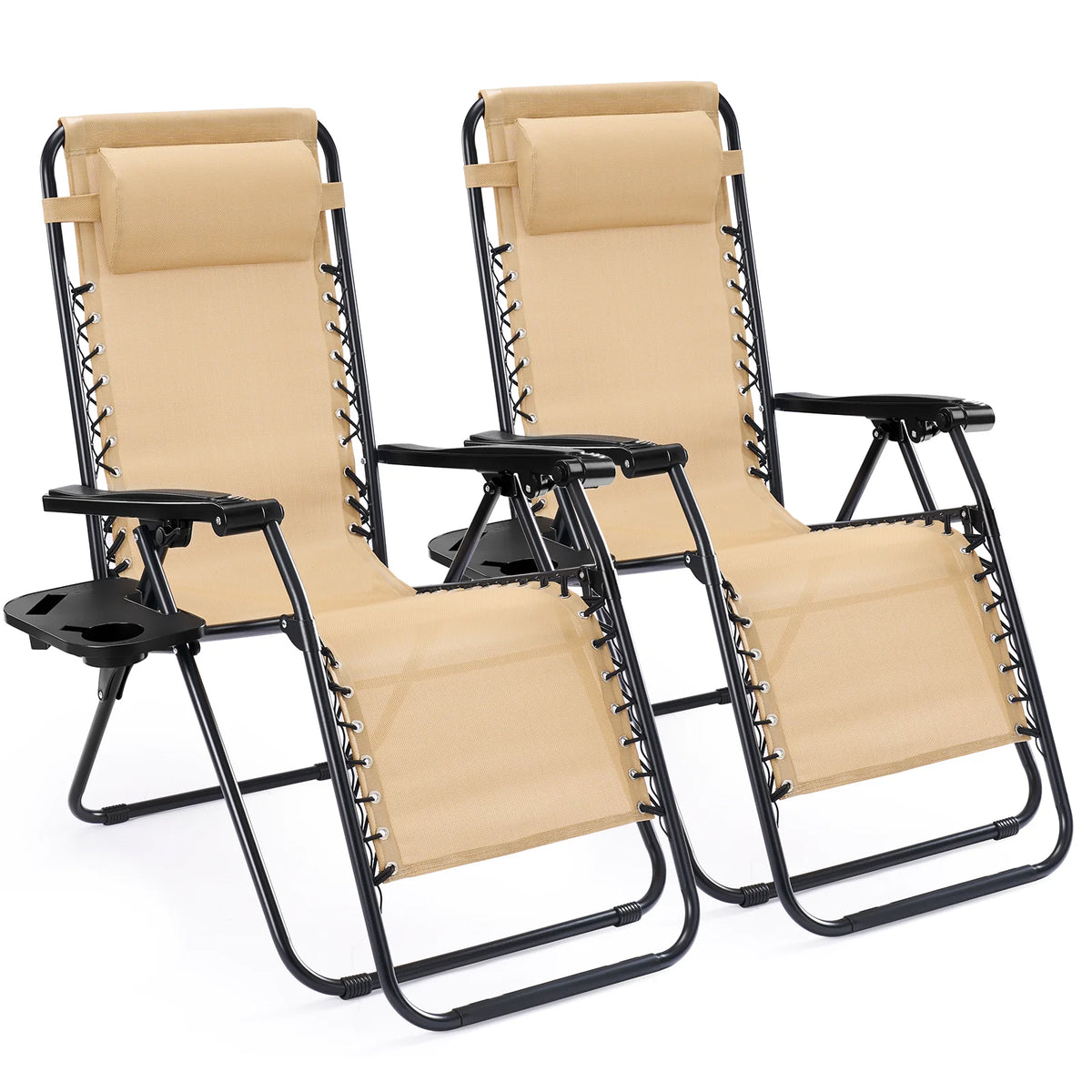 JHK Portable Zero Gravity Recliner Chairs Set of 2 Outdoor Garden Folding Lounge Chair with Cup Holder Trays Adjustable Pillow