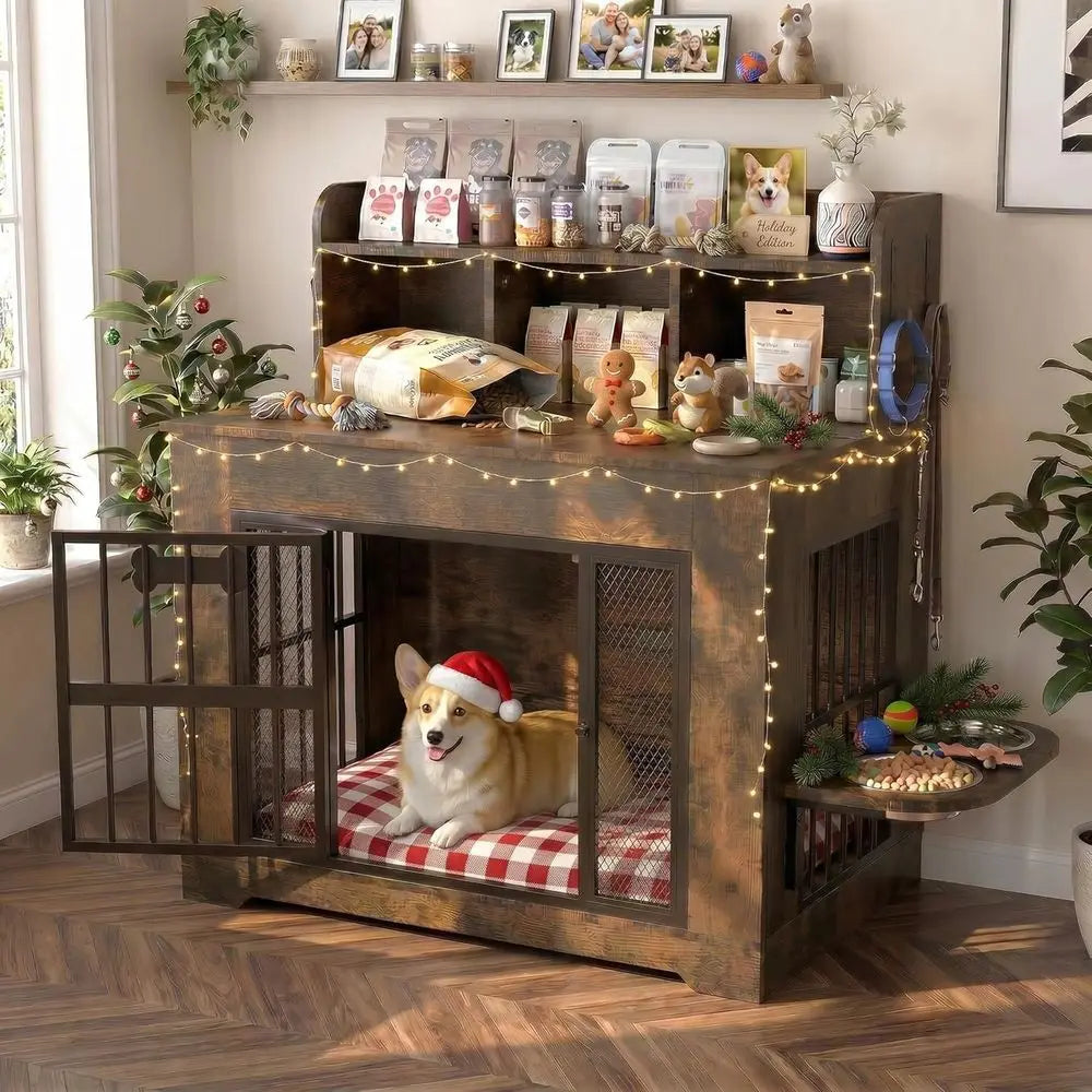 33" Dog Crate urniture with Storage Shel & 2 StainlSteel Bowls, Heavy Duty Indoor Dog Kennel or Medium/Small Dogs, Wooden Dog Ca